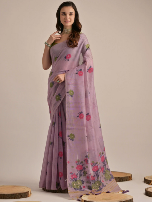 Buy Elegant Lavender Floral Woven Handloom Cotton Saree Online - AllThingsAboutWedding