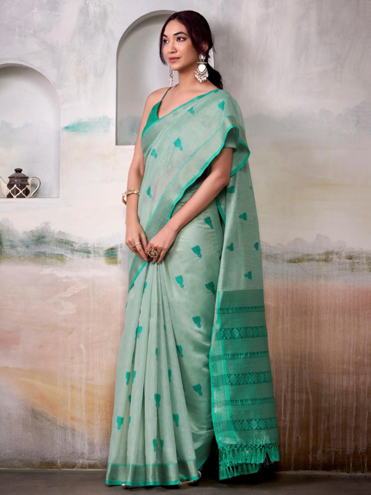 Buy Elegant Mint Green Handloom Woven Cotton Festive Saree Online - AllThingsAboutWedding