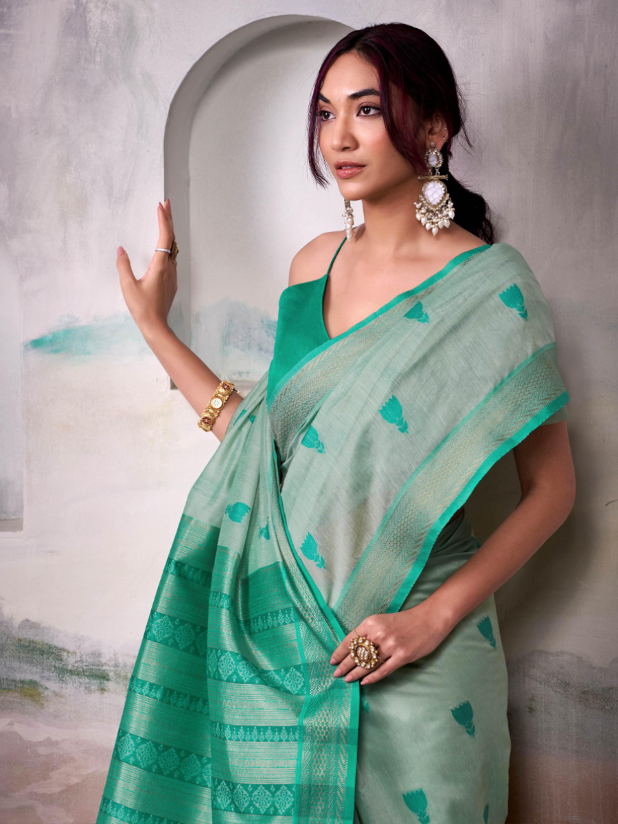 Elegant Mint Green Handloom Woven Cotton Festive Saree with Blouse