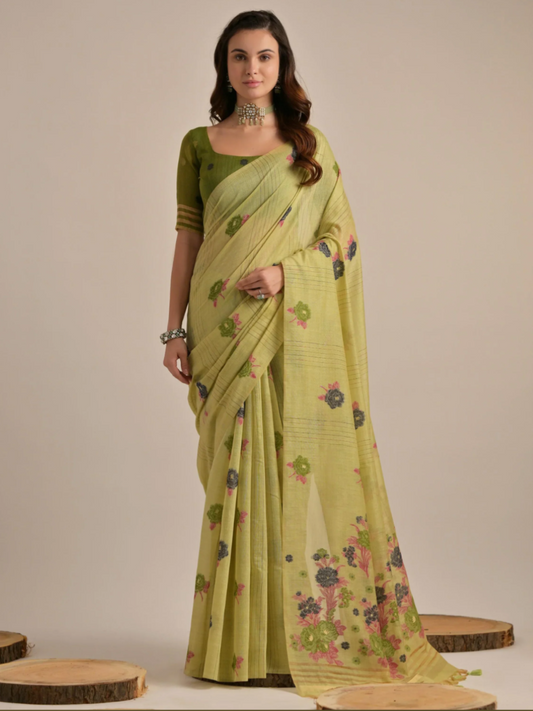 Buy Elegant Olive Green Floral Woven Cotton Handloom Saree Online - AllThingsAboutWedding