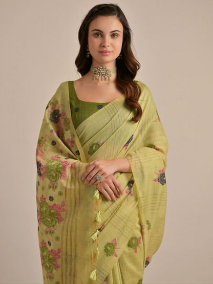 Elegant Olive Green Floral Woven Cotton Handloom Saree with Dark Green Blouse