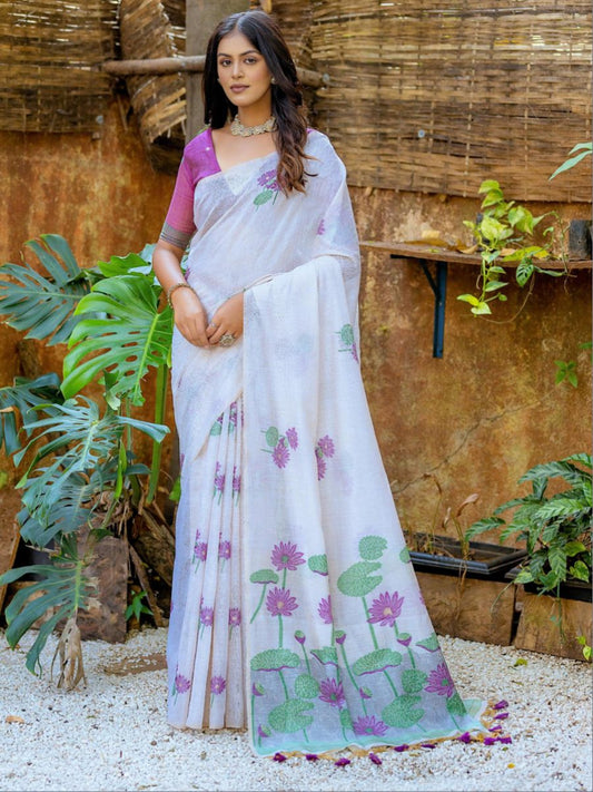 Buy Elegant Purple Lotus Printed Off White Cotton Saree Online - AllThingsAboutWedding