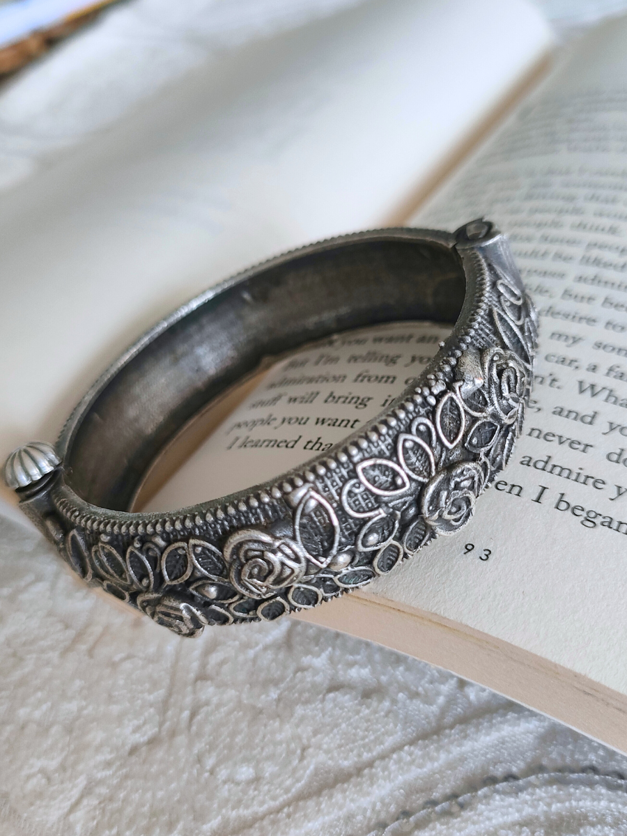 Flower Style German Silver Oxidised Thin Kada Bangle