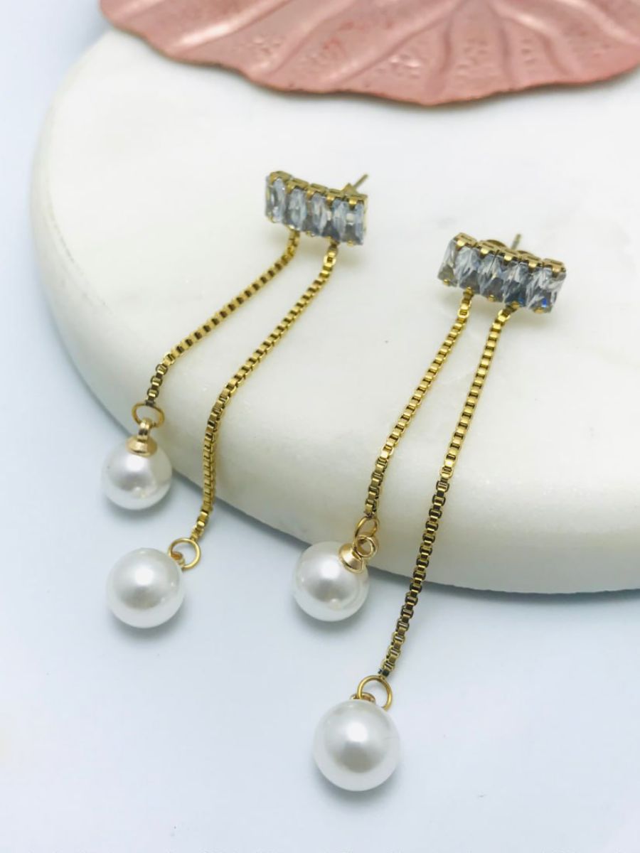 Gold Plated Pearl Drop Contemporary Diamond Earrings
