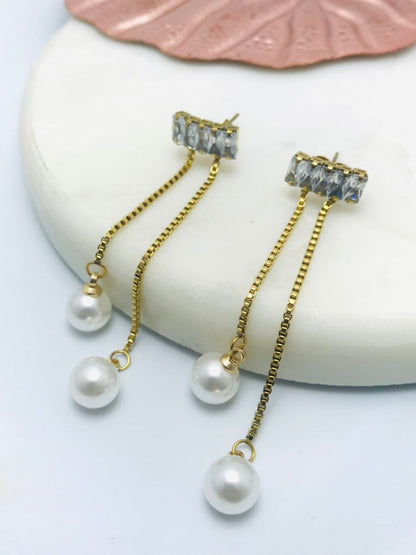Gold Plated Pearl Drop Contemporary Diamond Earrings