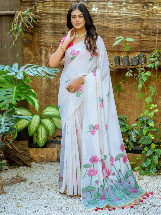 Buy Graceful Pink Lotus Printed Off White Cotton Saree Online - AllThingsAboutWedding