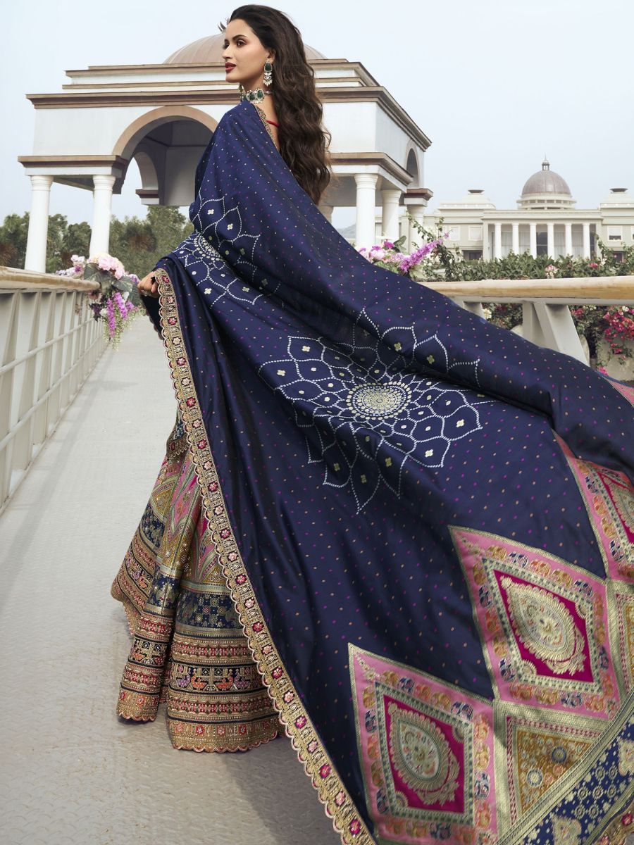Green Banarasi Wedding Silk Lehenga Choli - Blue Bandhani Dupatta 