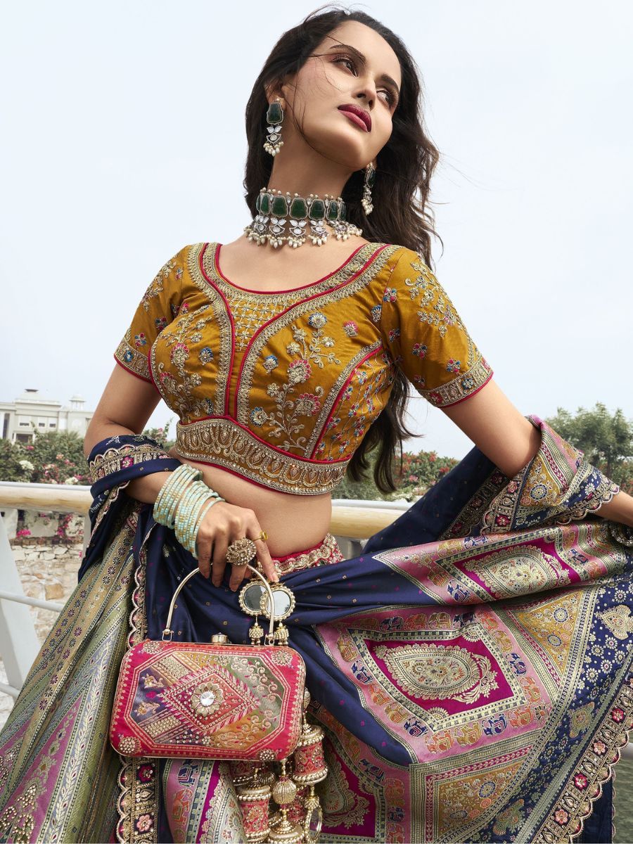Green Banarasi Wedding Silk Lehenga Choli With Blue Dupatta - Blouse Front Neck Design
