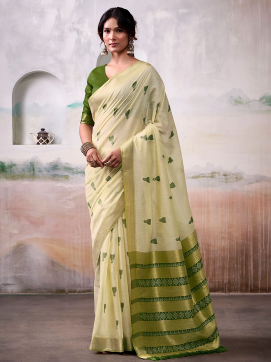 Buy Light Cream and Green Woven Soft Cotton Casual Saree Online - AllThingsAboutWedding