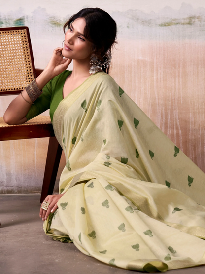 Light Cream and Green Woven Soft Cotton Casual Saree