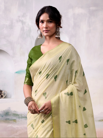 Light Cream and Green Woven Soft Cotton Casual Saree with Blouse