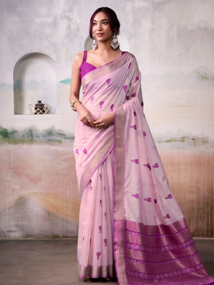 Buy Light Pink Motif Woven Handloom Zari Border Cotton Saree-AllThingsAboutWedding- Online - AllThingsAboutWedding
