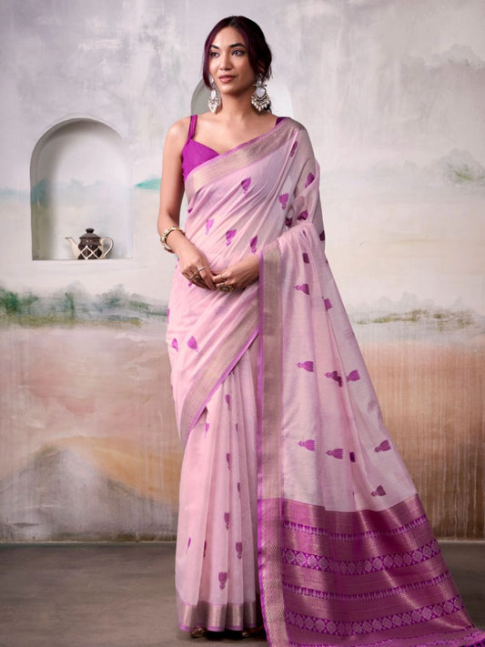 Buy Light Pink Motif Woven Handloom Zari Border Cotton Saree-AllThingsAboutWedding- Online - AllThingsAboutWedding