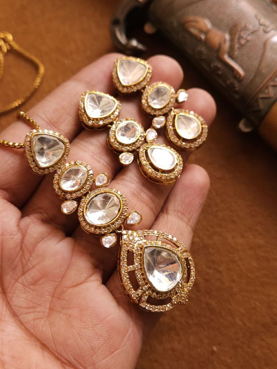 Long Polki Kundan Pendant Golden Chain Necklace Set