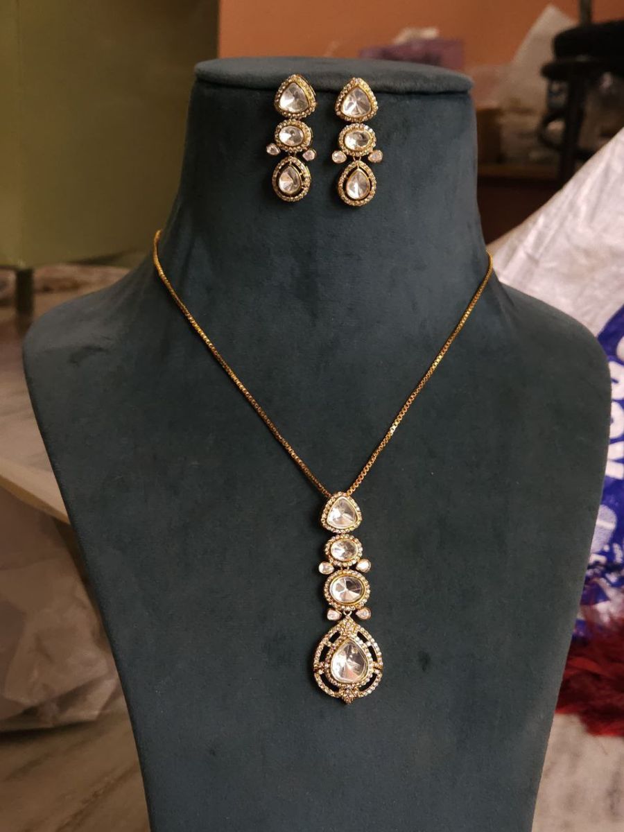 Long Polki Kundan Pendant Golden Chain Necklace Set with Earrings