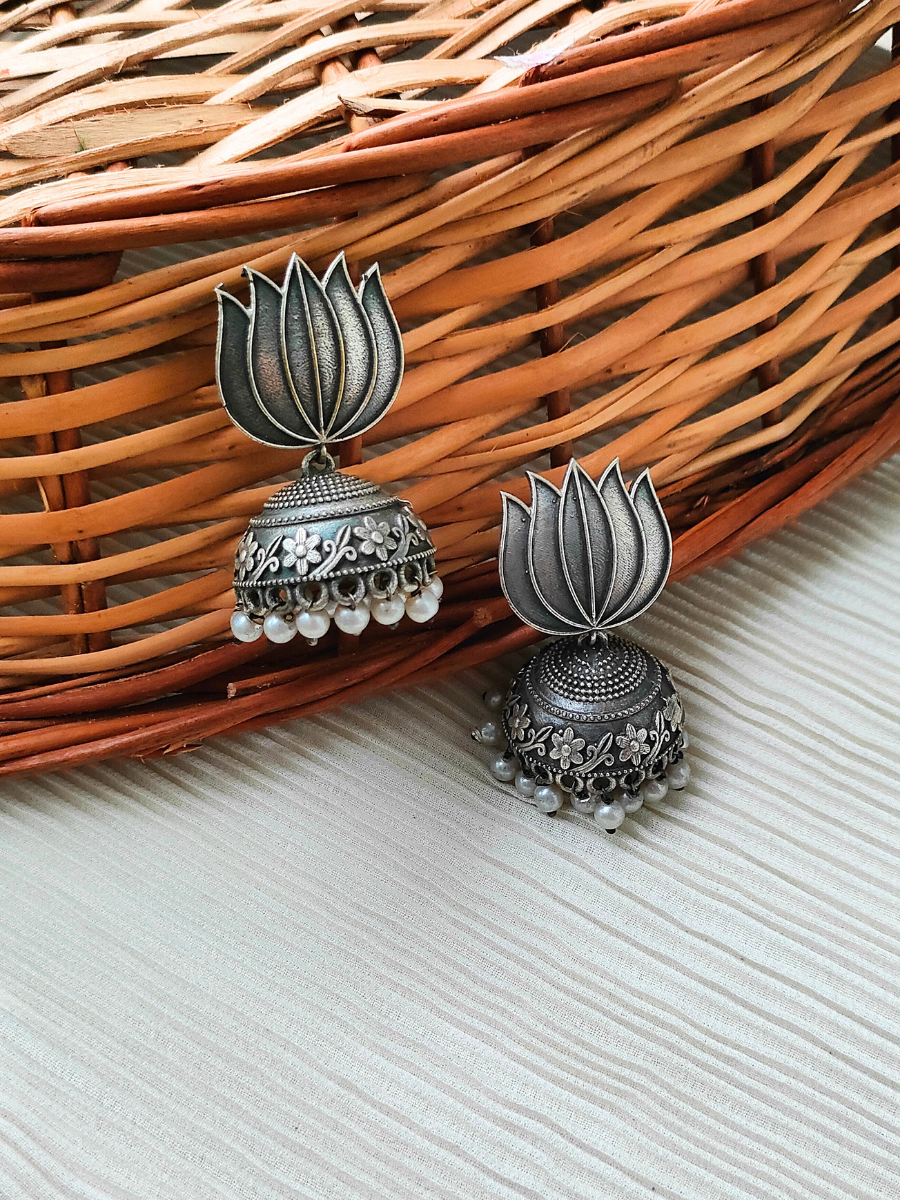 Lotus Shaped German Silver Oxidised Jhumka Earrings