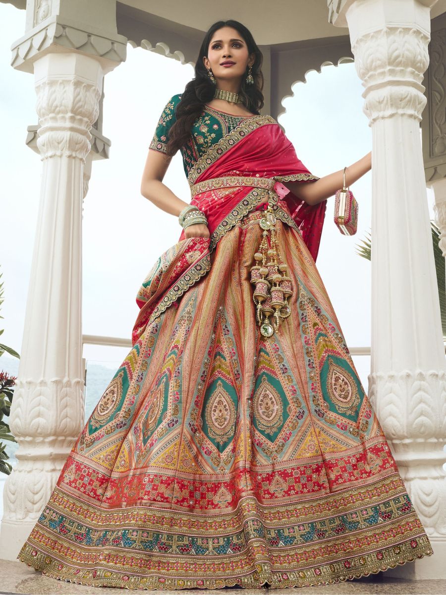 Multi Color Embroidered Banarasi Silk Wedding Lehenga Choli - Flair