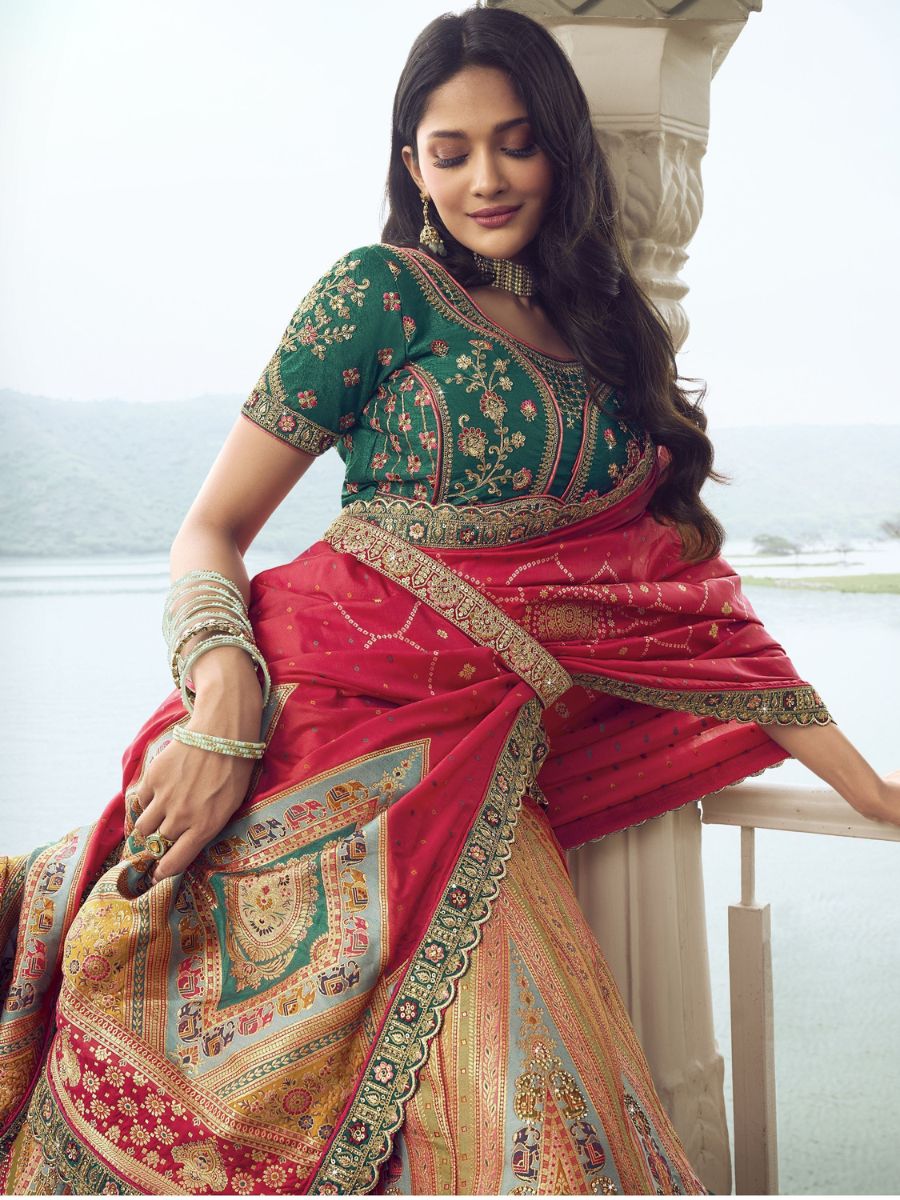 Multi Color Embroidered Banarasi Silk Wedding Lehenga Choli - Blouse and Dupatta