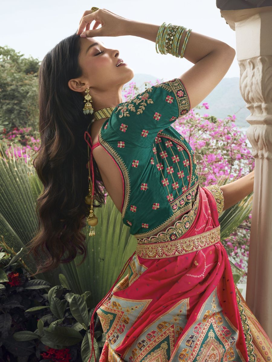 Multi Color Banarasi Silk Wedding Lehenga Choli - Embroidered Blouse