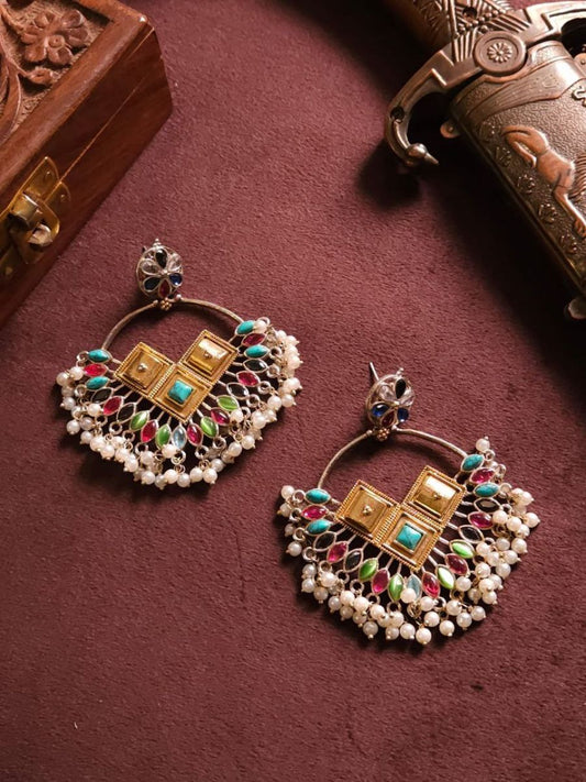 Buy Multicolor Stones Oxidised Silver Chandbali Earrings - TheJewelbox