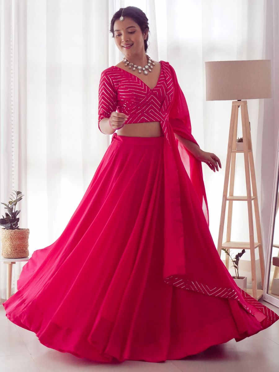Party Wear Rani Pink Sequins Blouse Georgette Lehenga - Flair