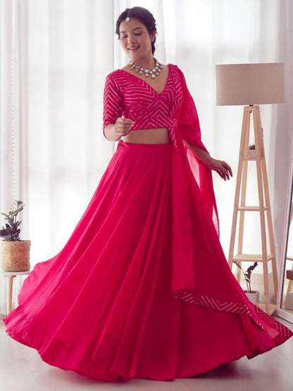 Party Wear Rani Pink Sequins Blouse Georgette Lehenga - Flair
