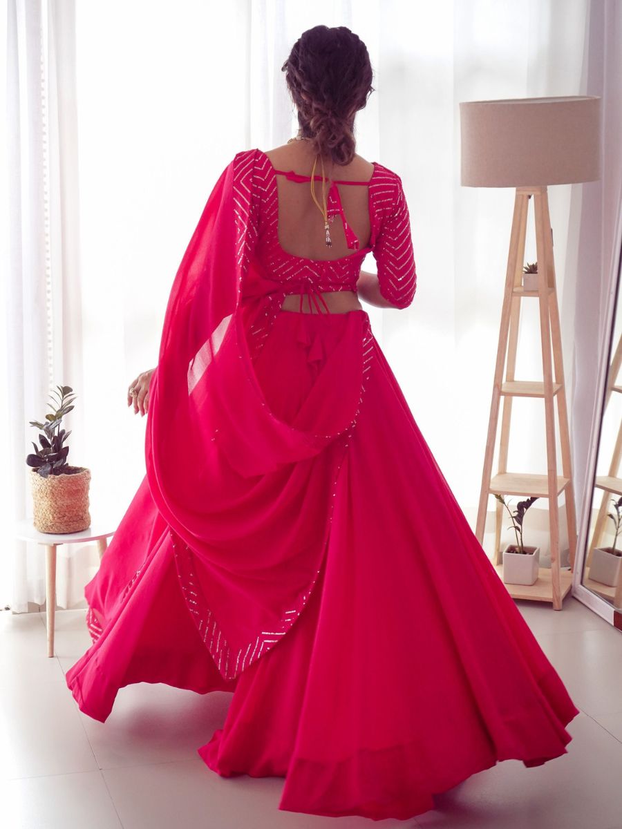 Party Wear Rani Pink Sequins Georgette Lehenga - Blouse Back Neck Design