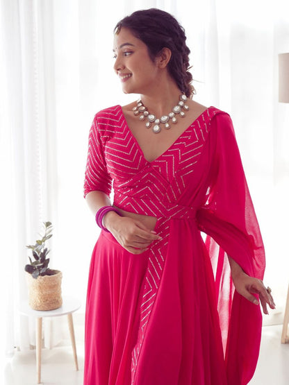 Party Wear Rani Pink Sequins Georgette Lehenga - Blouse Front Neck Design
