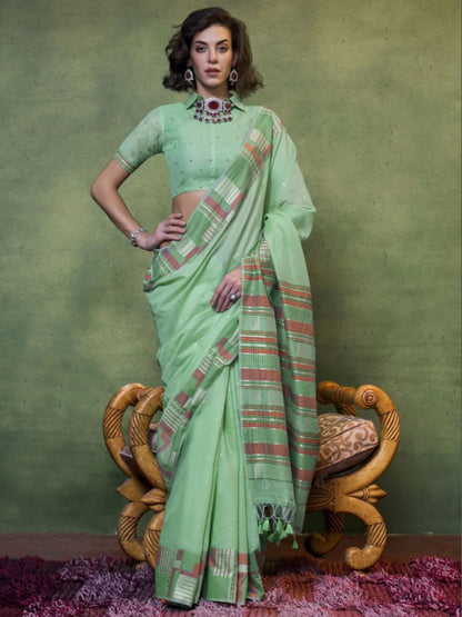 Buy Pastel Mint Green Handloom Cotton Red Border Saree Online - AllThingsAboutWedding