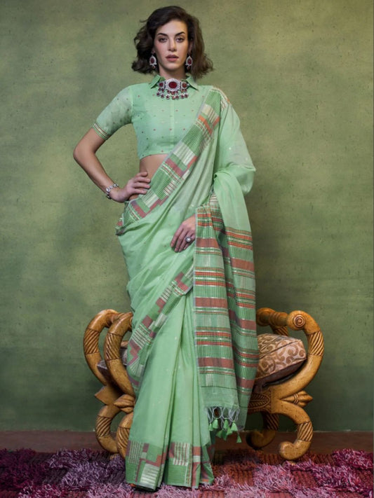 Buy Pastel Mint Green Handloom Cotton Red Border Saree Online - AllThingsAboutWedding