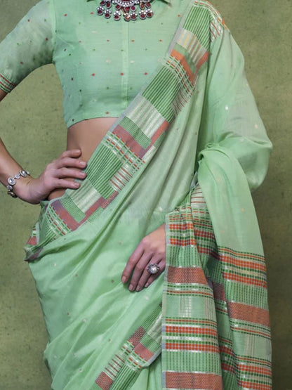 Pastel Mint Green Handloom Cotton Red Border Saree with Blouse