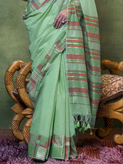 Pastel Mint Green Handloom Cotton Red Border Saree - Pallu