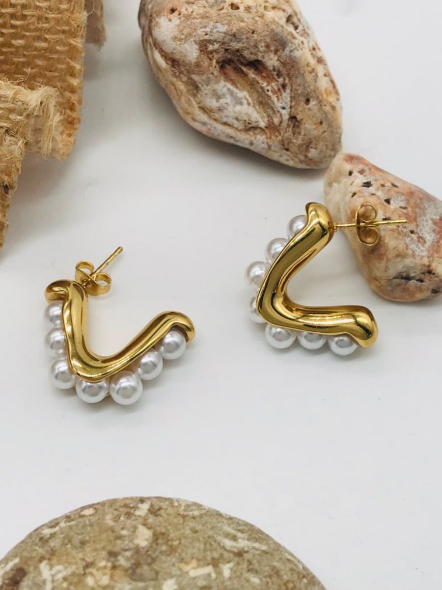 Pearl Studded Gold Plated Contemporary Drop Earrings
