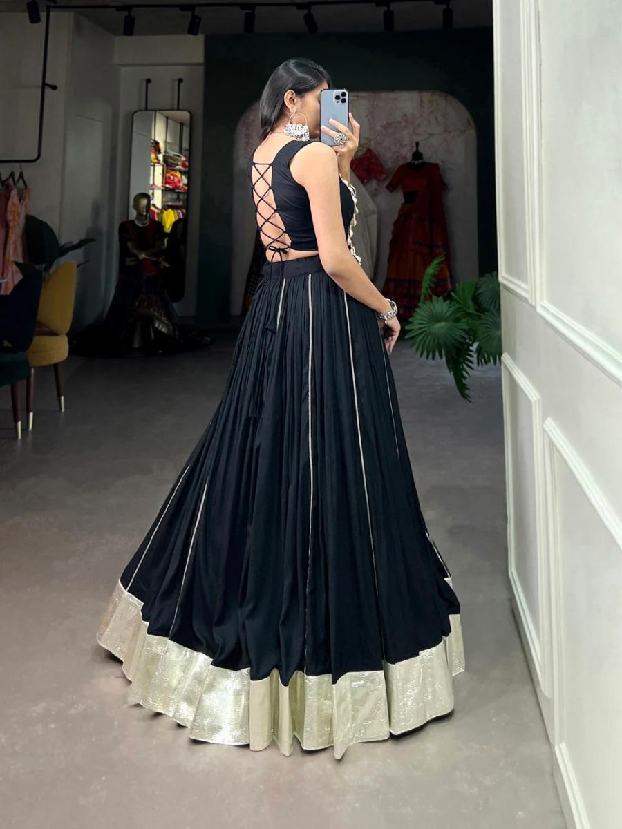 Plain Black Colour Gamthi Work Rayon Crop Top Chaniya Choli - Flair
