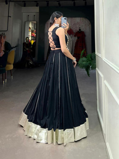 Plain Black Colour Gamthi Work Rayon Crop Top Chaniya Choli - Flair