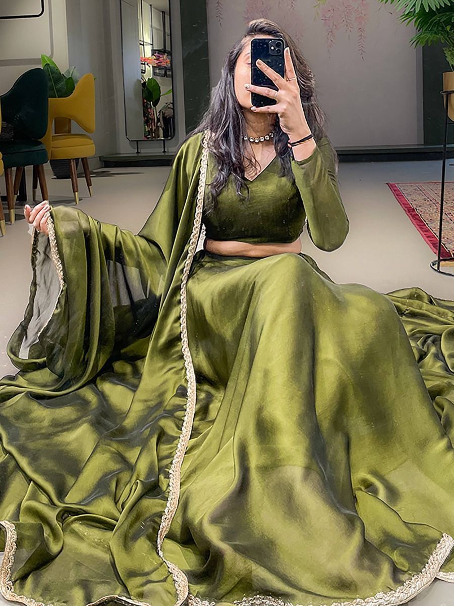Plain Mehendi Green Silk Party Wear Lehenga Choli - Flair