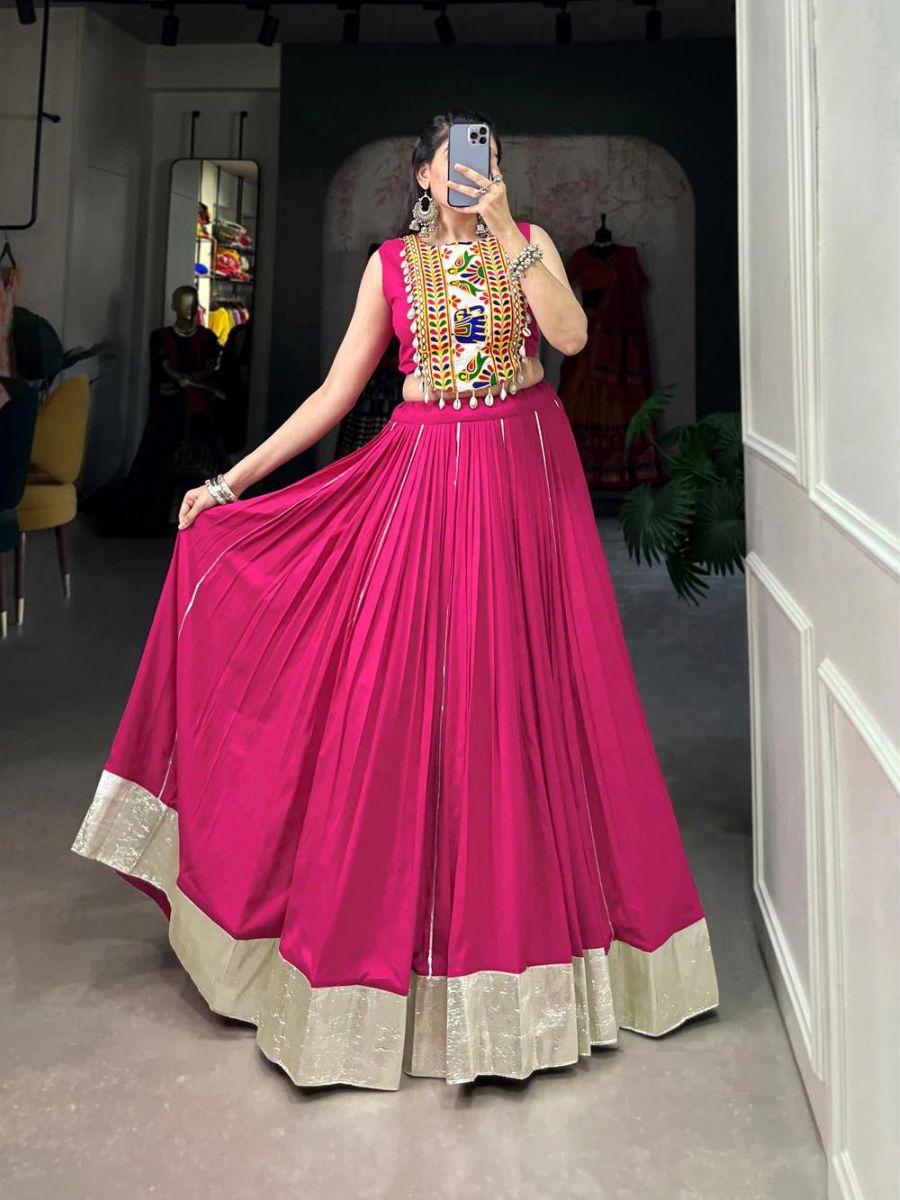 Plain Pink Color Gamthi Work Rayon Crop Top Chaniya Choli - Flair