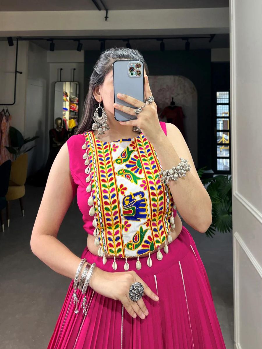 Plain Pink Color Gamthi Work Rayon Crop Top Chaniya Choli