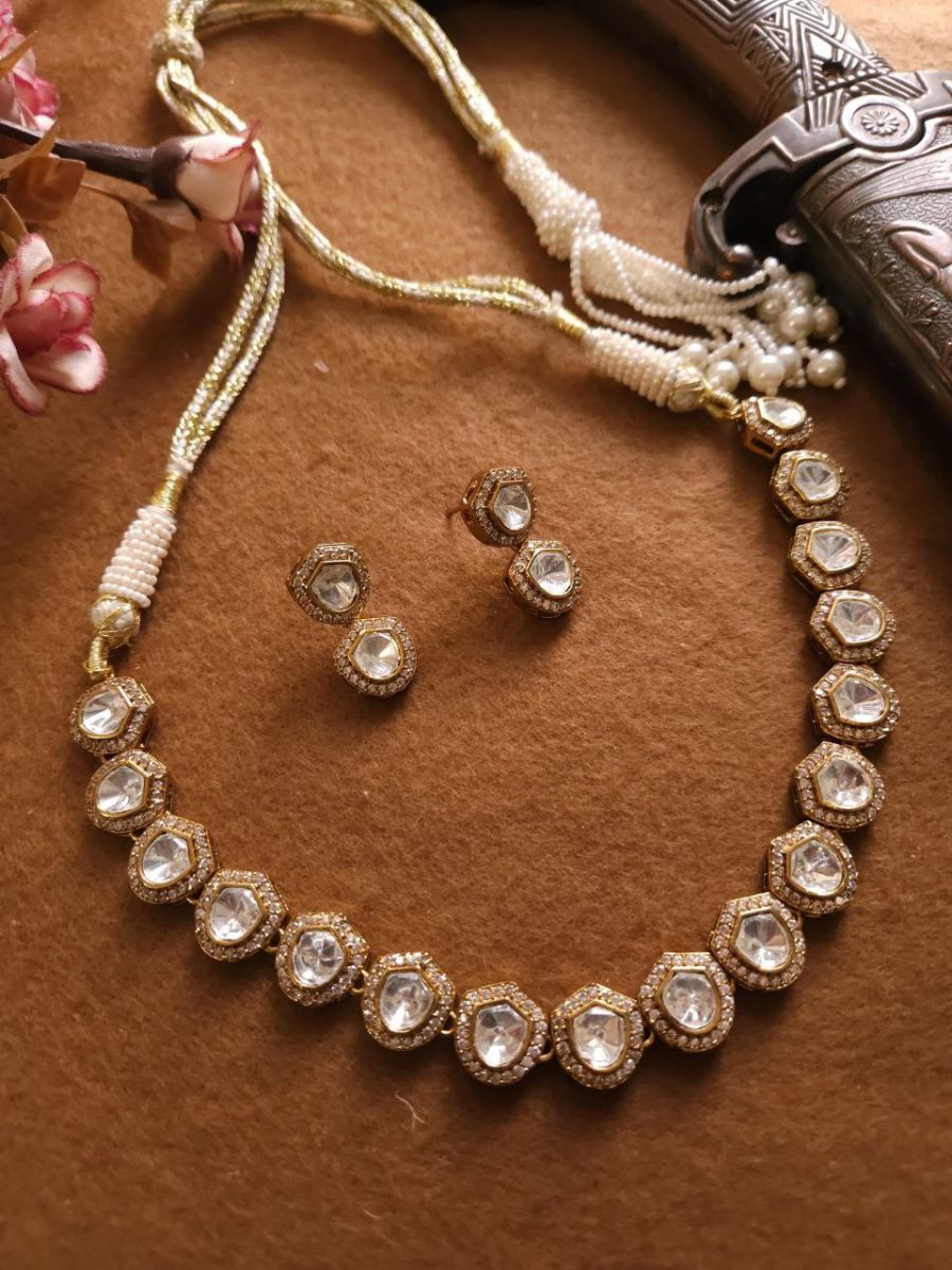 Buy Premium Silver Foiled Polki Kundan Choker Necklace Set - TheJewelbox