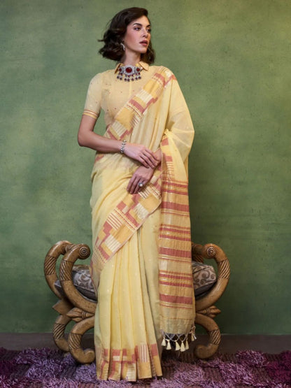 Buy Red Checkered Border Pastel Yellow Handloom Cotton Saree Online - AllThingsAboutWedding