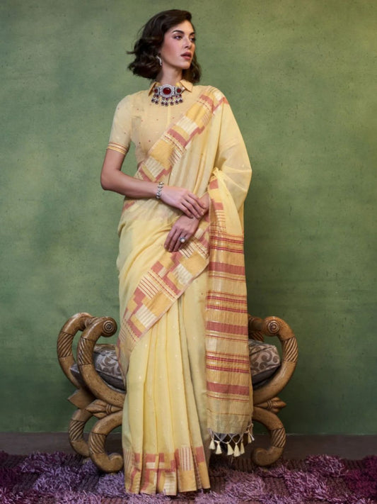 Buy Red Checkered Border Pastel Yellow Handloom Cotton Saree Online - AllThingsAboutWedding