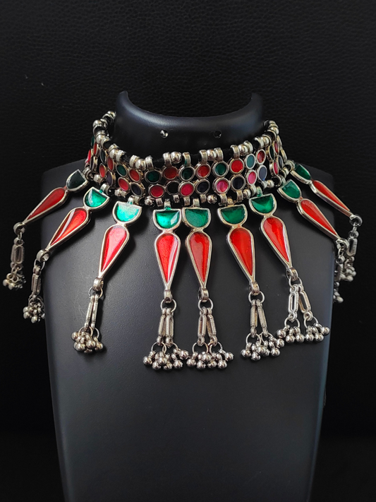 Buy Red & Green Stone Studded Black Metal Afghani Choker Necklace - TheJewelbox