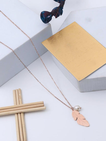 Buy Rose Gold Feather and Pearl Charm Pendant Chain Necklace - TheJewelbox