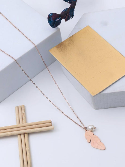 Buy Rose Gold Feather and Pearl Charm Pendant Chain Necklace - TheJewelbox