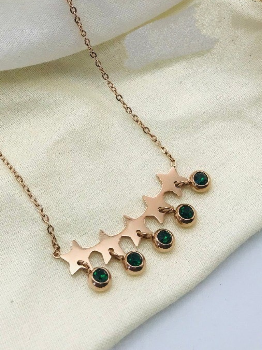 Rose Gold Five Star Green Stone Pendant Necklace