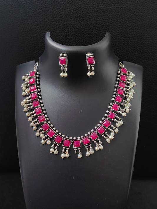 Buy Ruby Red Square Stone Oxidised Silver Choker Necklace Set - TheJewelbox