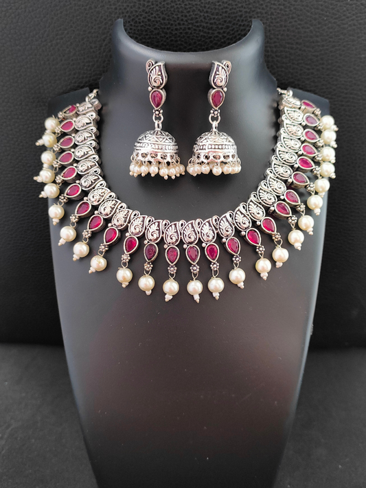 Ruby Red Stone Oxidised Silver Choker Necklace Set