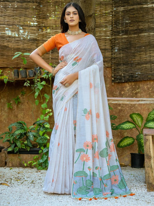Buy Rust Orange Lotus Printed Off White Cotton Saree Online - AllThingsAboutWedding