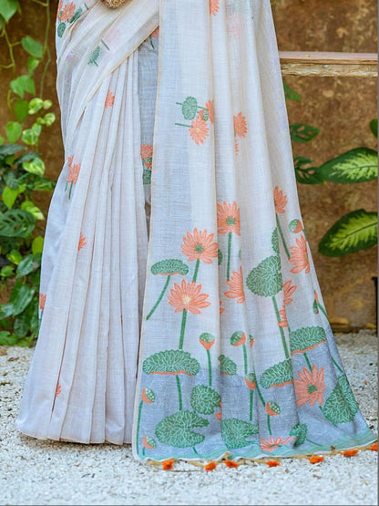 Off White Cotton Saree - Rust Orange Lotus Printed Pallu