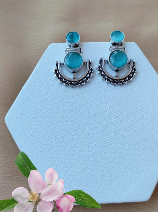Buy Sea Green Stone Studded Oxidised Silver Dangler Earrings - TheJewelbox